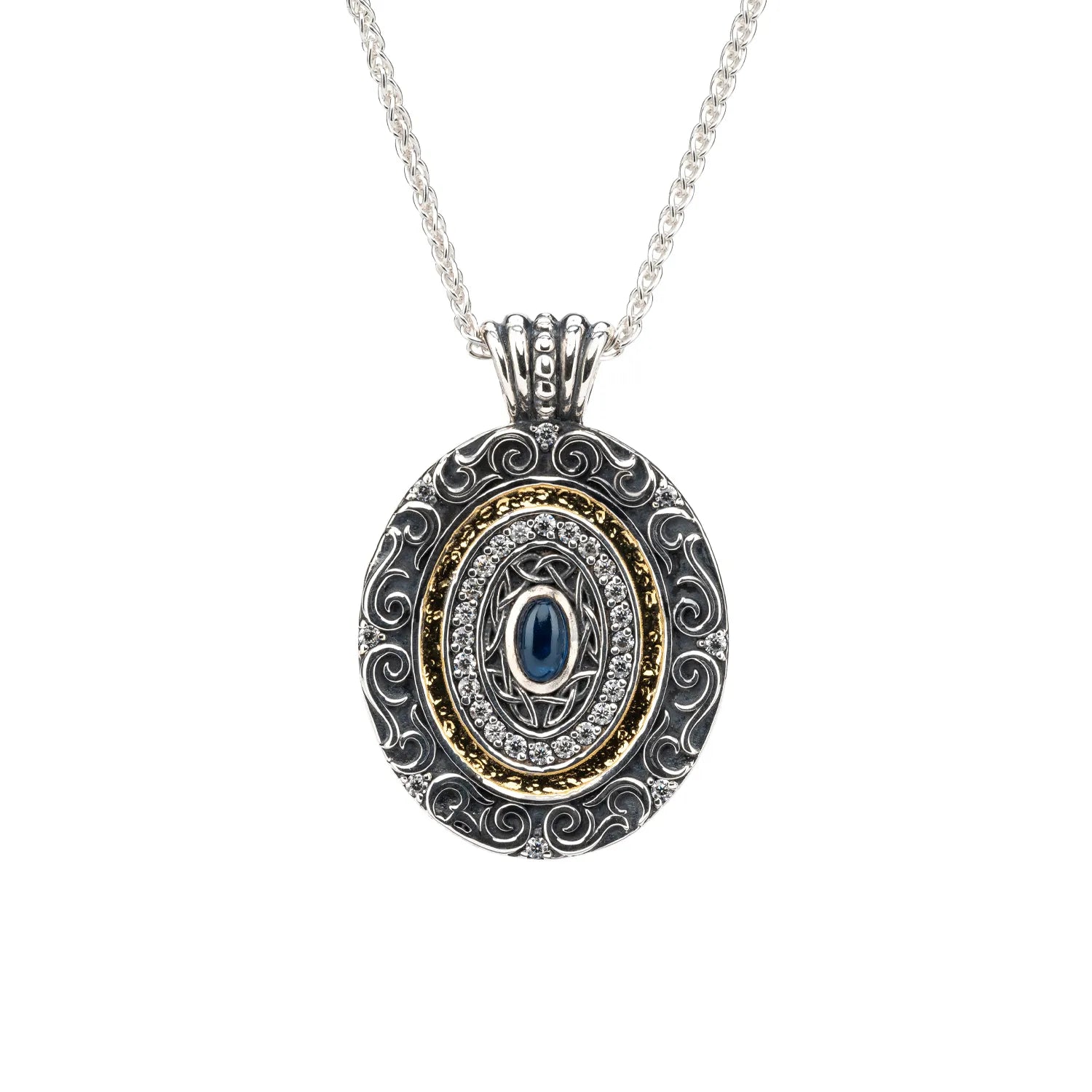 Keith Jack Sterling Silver + 14k Gilded Synthetic Blue Sapphire & CZ Oval Filigree Shield Pendant