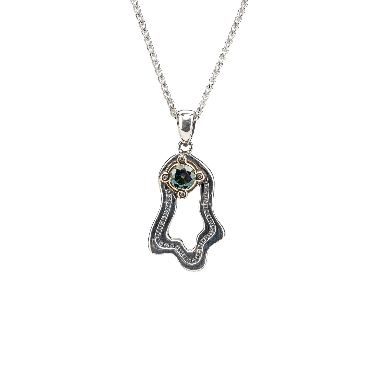 Keith Jack Sterling Silver Oxidized + 10k Mystic Blue Moissanite & CZ Rocks 'n Rivers Pendant