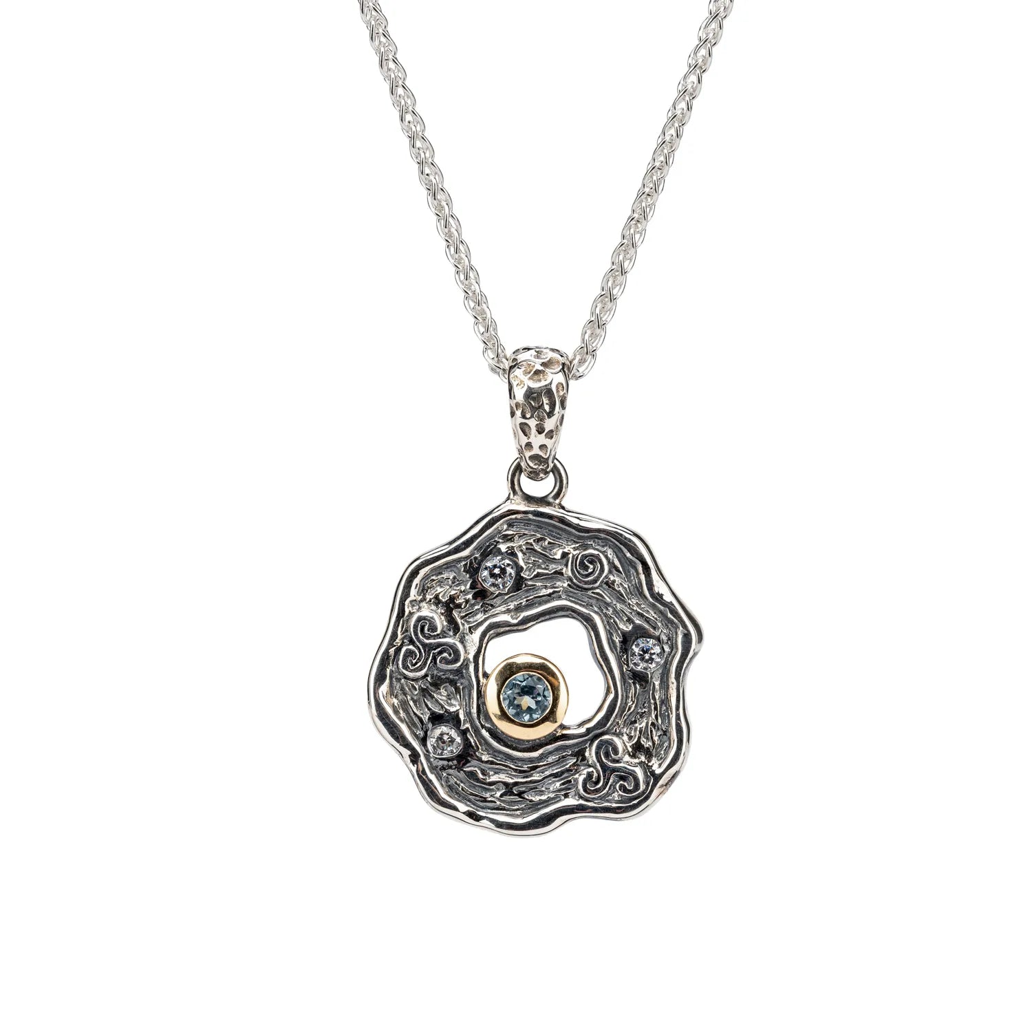 Keith Jack Sterling Silver Oxidized + 10k  Sky Blue Topaz & CZ Rocks 'n Rivers Pendant