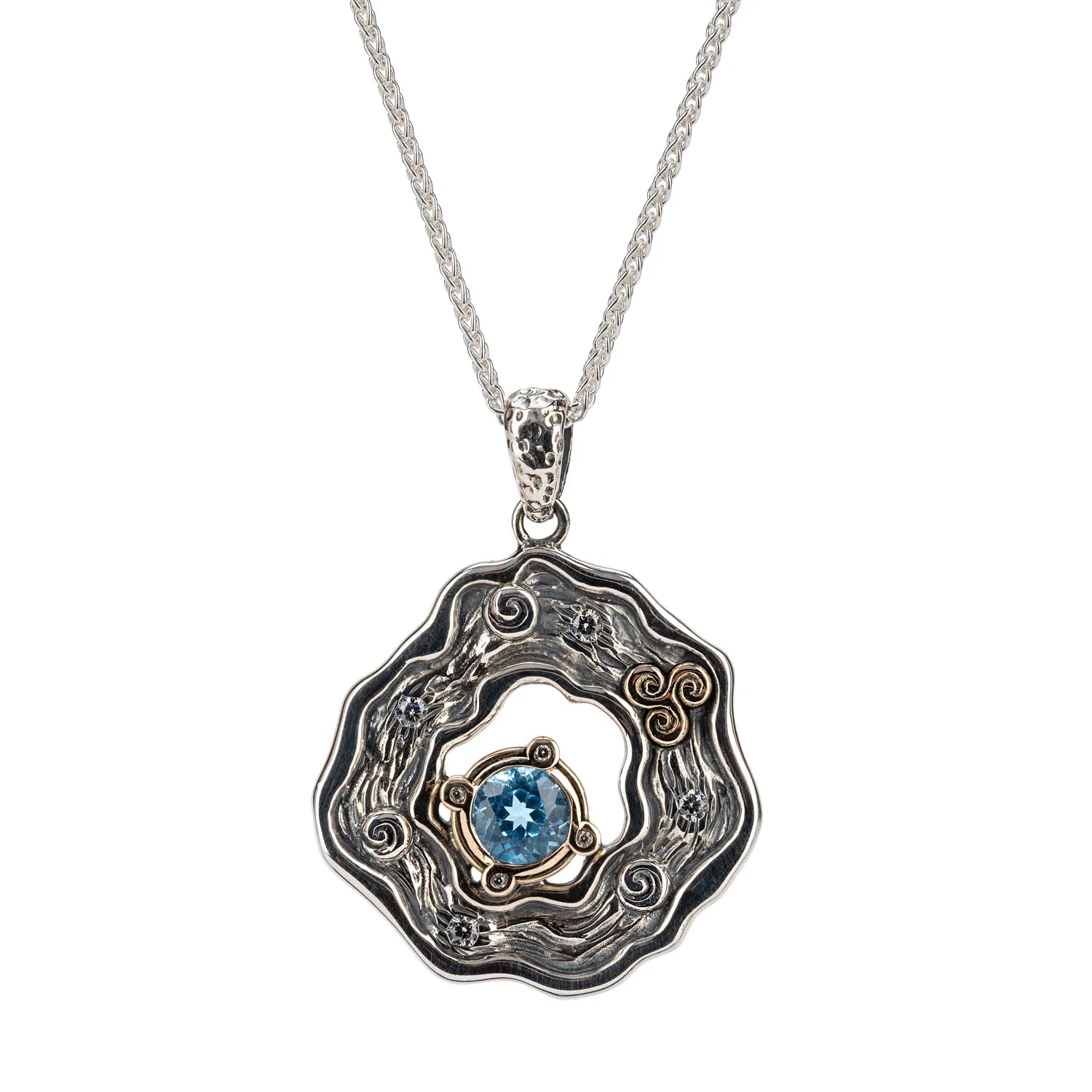 Keith Jack Sterling Silver Oxidized + 10k Swiss Blue Topaz & CZ Rocks 'n Rivers Pendant