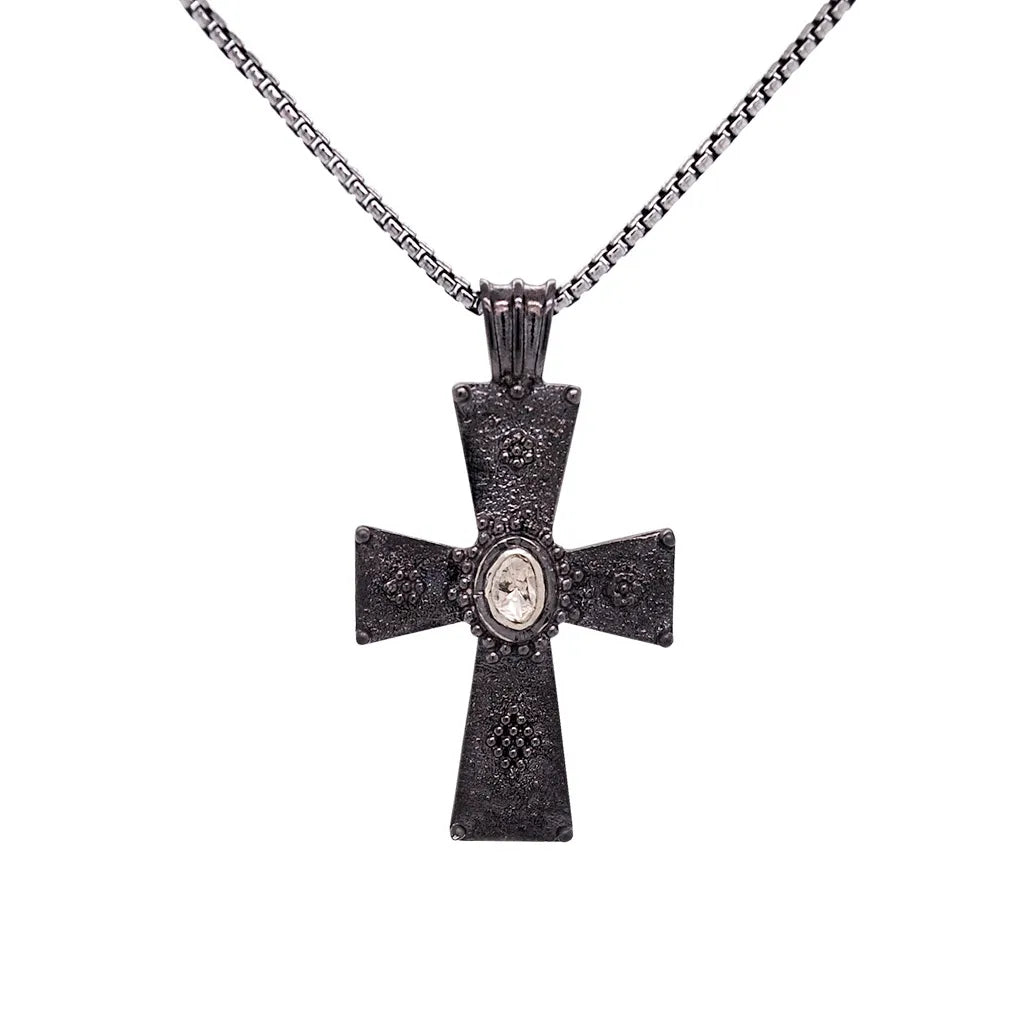 Keith Jack Sterling Silver Raw Diamond .15ctw Black Rhodium Cross Pendant