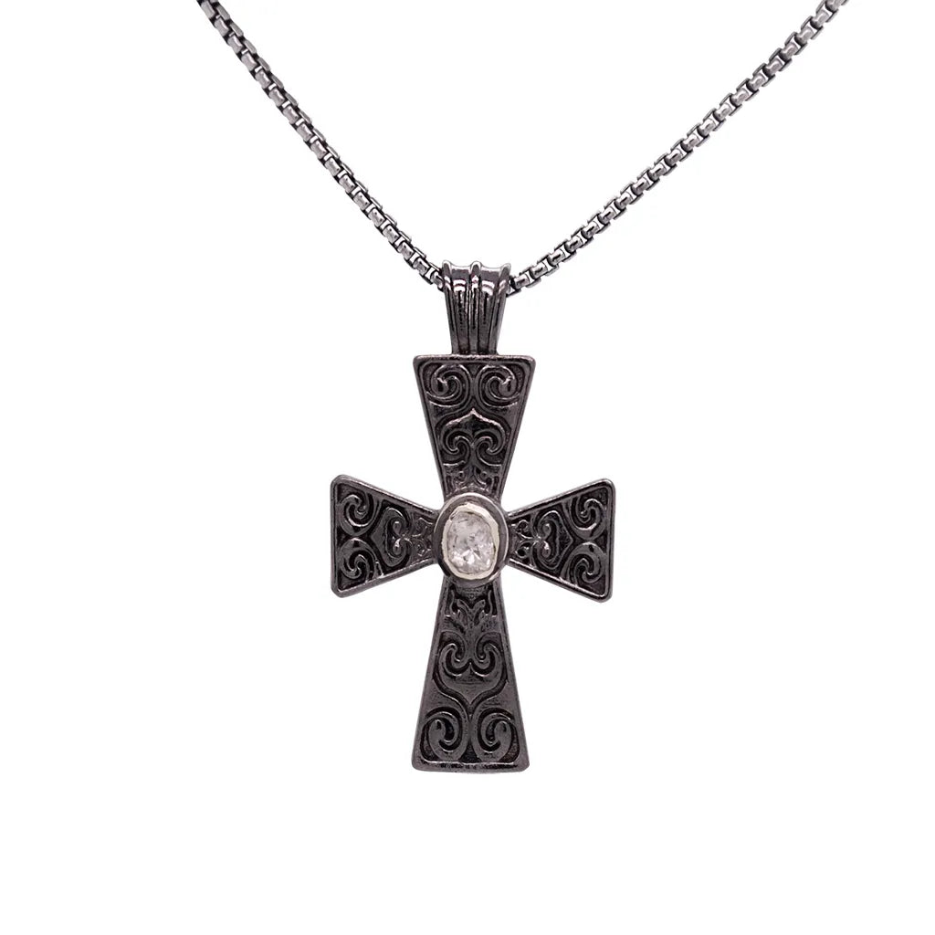 Keith Jack Sterling Silver Raw Diamond .15ctw Black Rhodium Cross Pendant