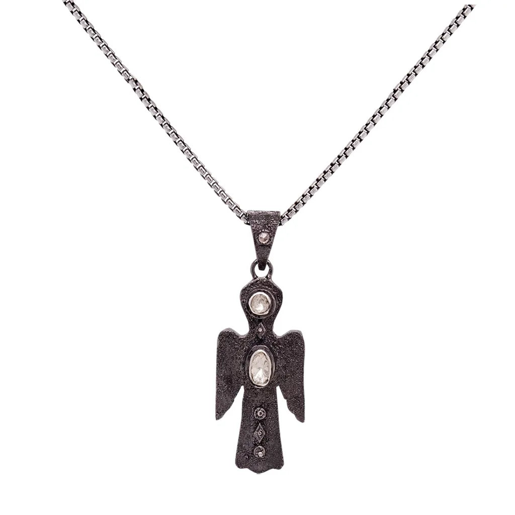 Keith Jack Sterling Silver Raw Diamond .16ctw Black Rhodium Angel Pendant