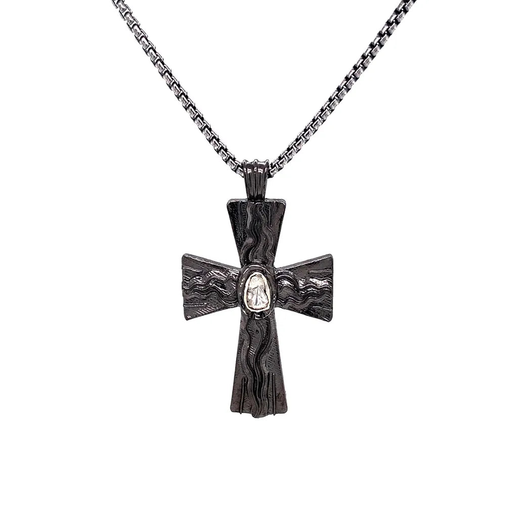 Keith Jack Sterling Silver Raw Diamond .17ctw Black Rhodium Cross Pendant