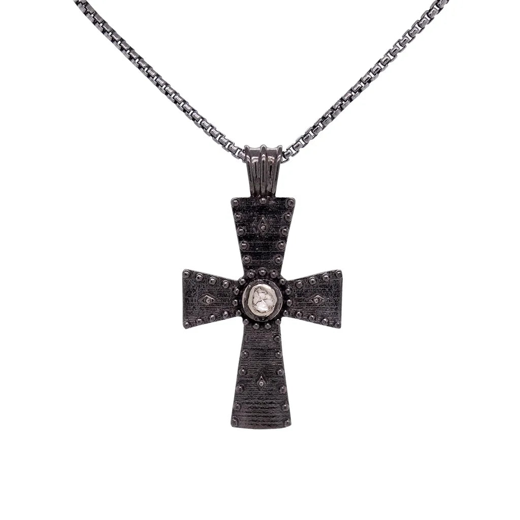 Keith Jack Sterling Silver Raw Diamond .1ctw Black Rhodium Cross Pendant