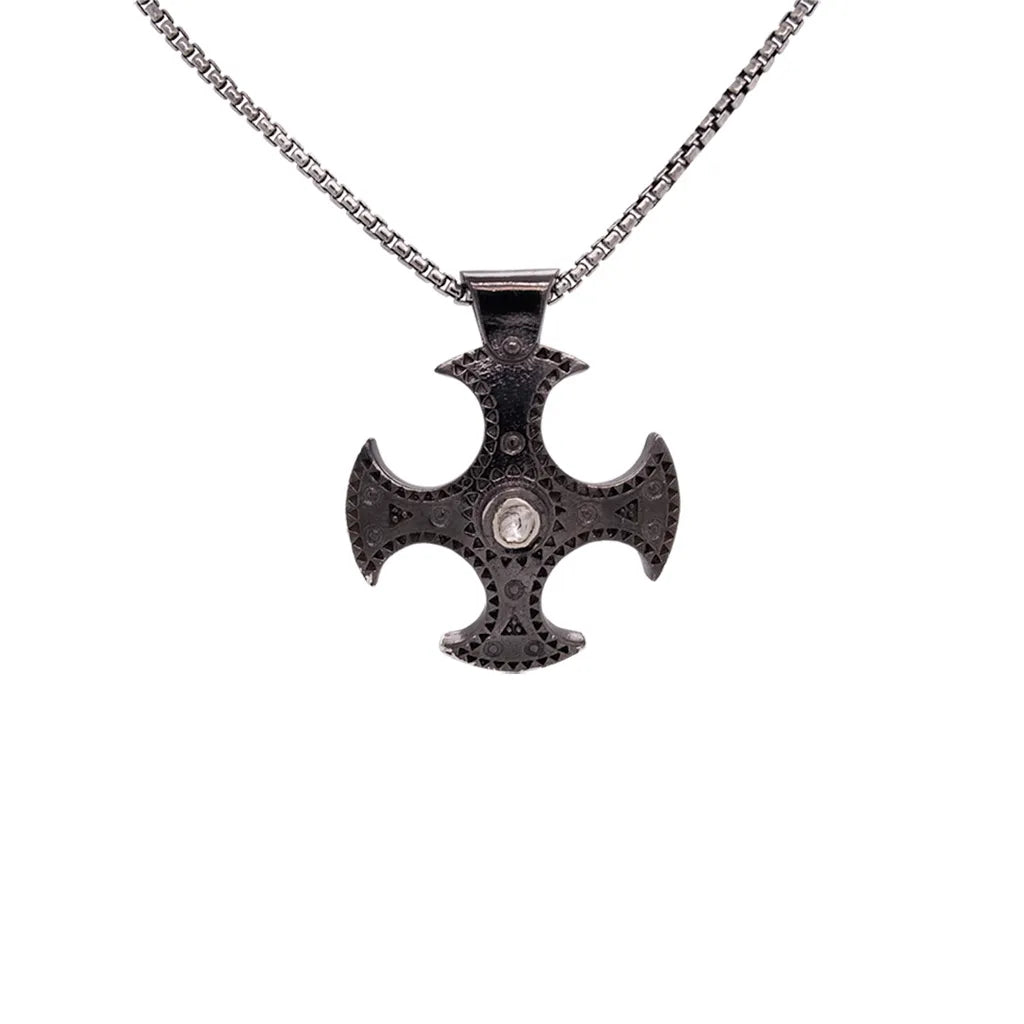 Keith Jack Sterling Silver Raw Diamond .1ctw Black Rhodium Cross Shield Large Pendant