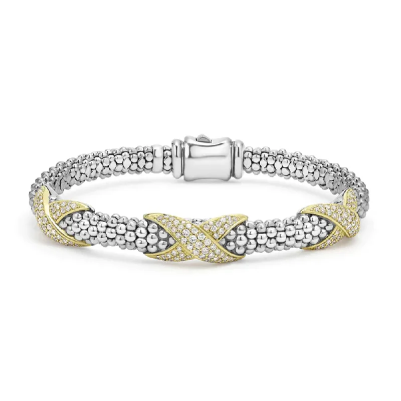 Lagos Embrace Three Station Diamond X Caviar Bracelet, 6mm