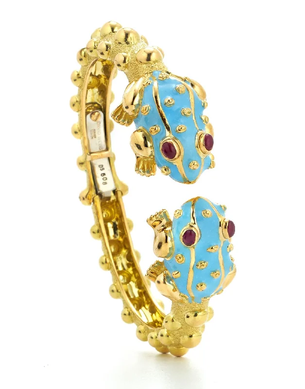 Light Blue Enamel and Ruby Baby Frog Bangle