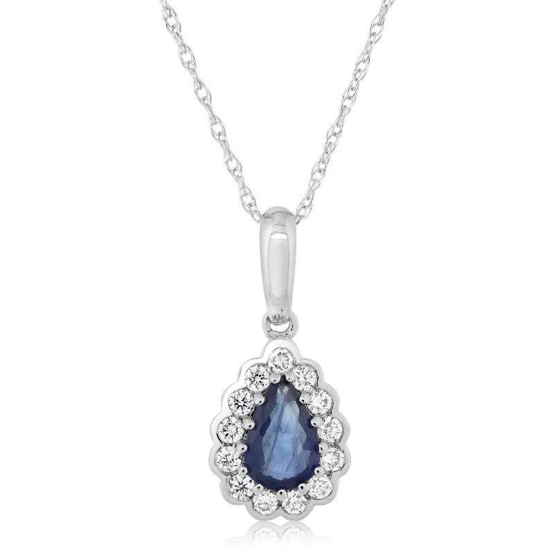 Pear Shaped Blue Sapphire & Diamond Halo Necklace