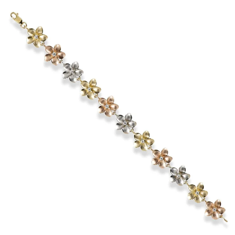 Plumeria Bracelet in Tri Color Gold with Diamonds - 13mm