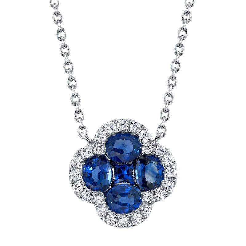 0.16CT DIAMOND & 1.14CT BLUE SAPPHIRE 14K W/G CLOVER NECKLACE