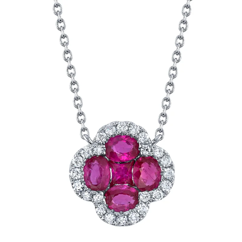 0.16CT DIAMOND & 0.89CT RUBY 14K W/G CLOVER NECKLACE