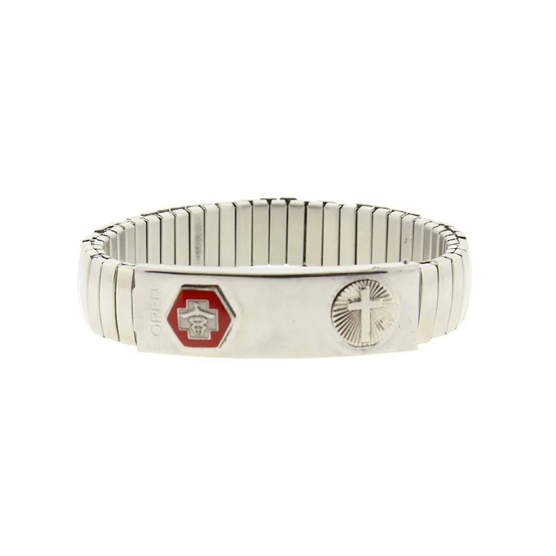 1928 Jewelry Stainless Steel Large Medical Alert ID Stretch Bracelet With Cross