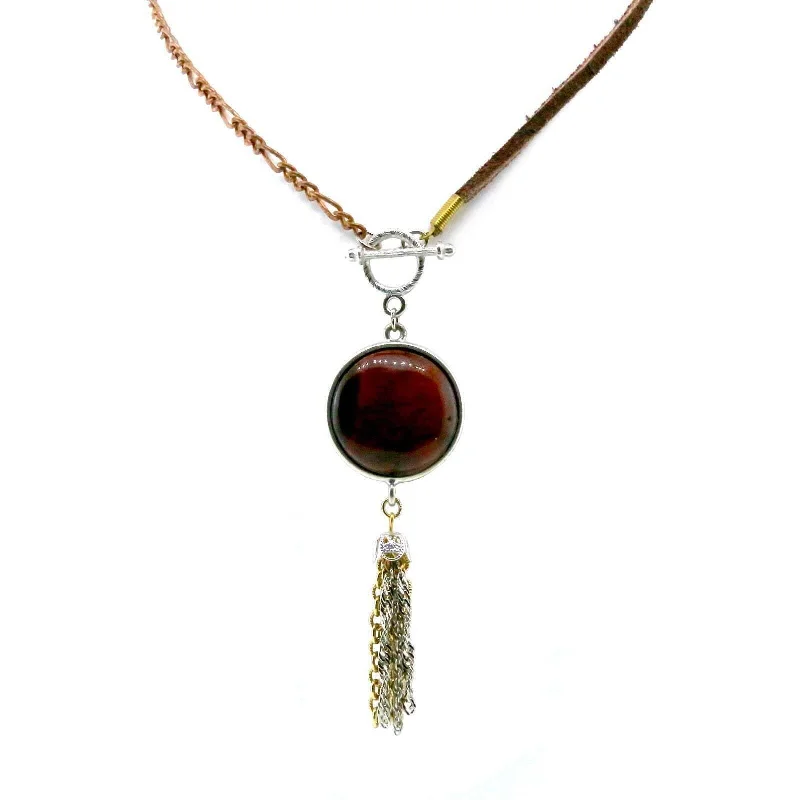 T.R.U. Copper Burnt Tigers Eye Gemstone Mocha Faux Suede Multi Chain Tassel Necklace 30"