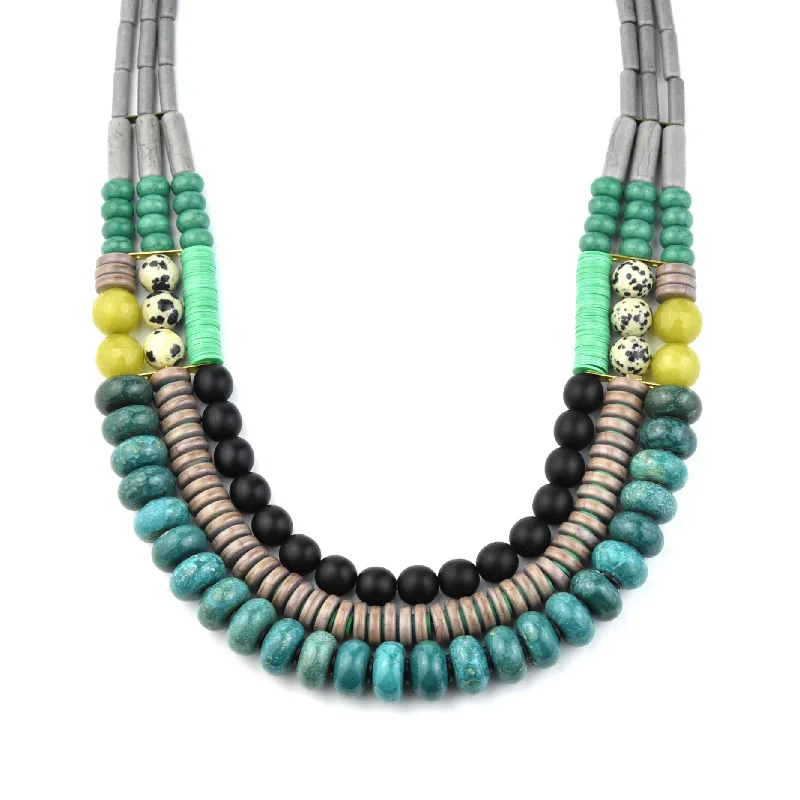 Turquoise, Jet and Mint Triple Strand Necklace